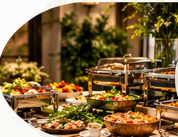 Buffet montado com rechauds e flores