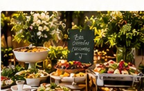 Mesa de buffet decorada com flores