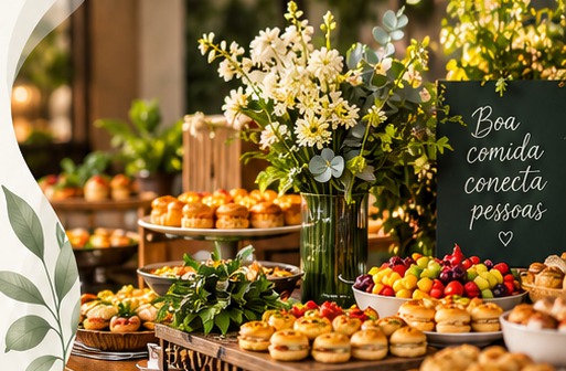 Mesa de buffet com frutas, pães e flores